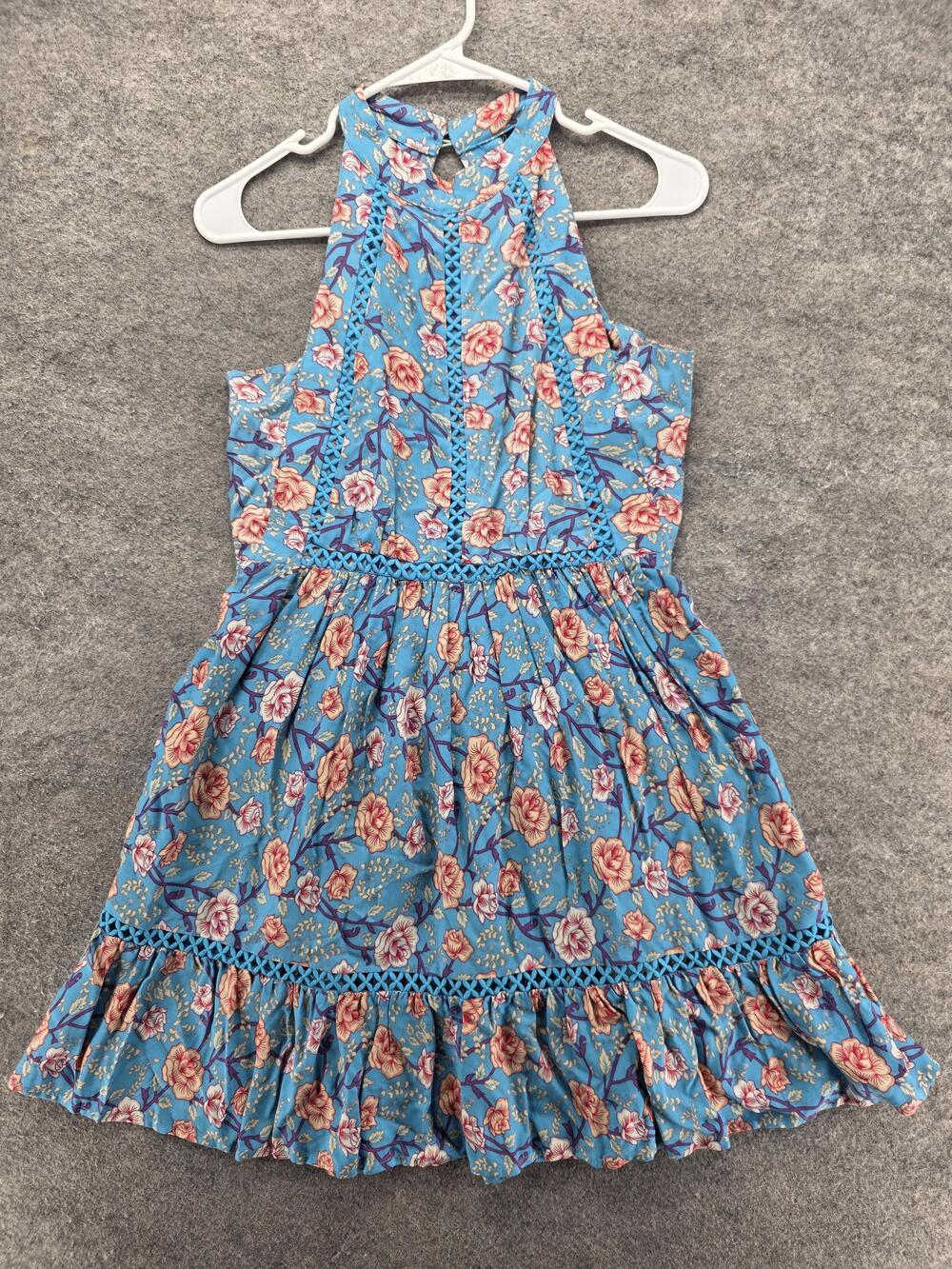 Sunday Mi Amor Dress Womens Small Blue Floral Halter Open Back Ruffle Hem Boho